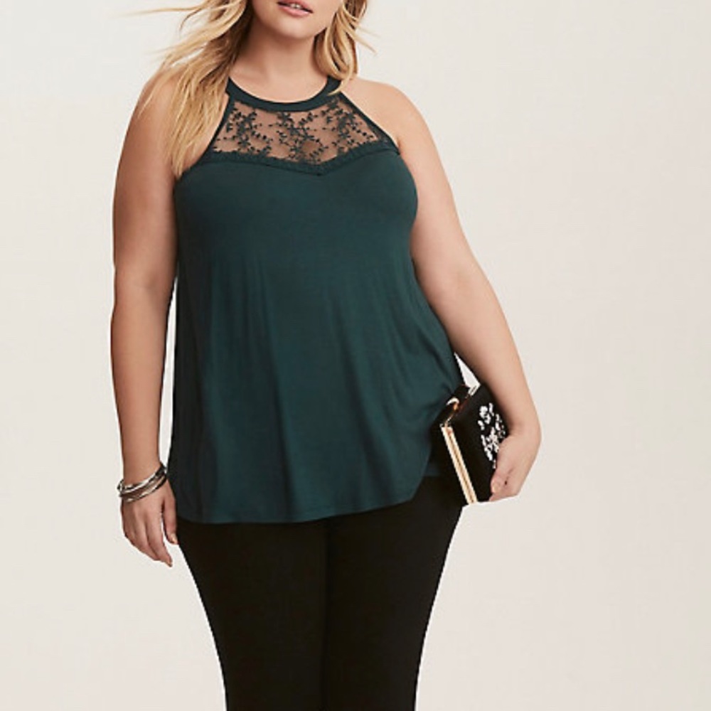 EMERALD GREEN SUPER SOFT LACE INSET HIGH NECK TANK